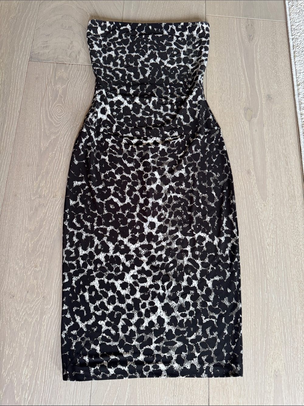 Norma Kamali Strapless Stretch Black & Ivory Leopard Print Bodycon Dress